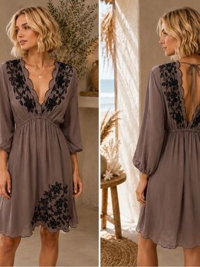 Wicco Boho Embroidered Taupe Mini Dress Open Back Scallop Lace Detail Embroidery